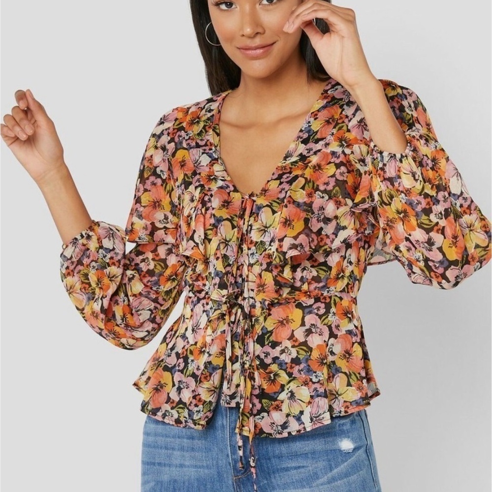 Topshop Multicoloured Pansy Floral Print Long Sleeved Blouse Top